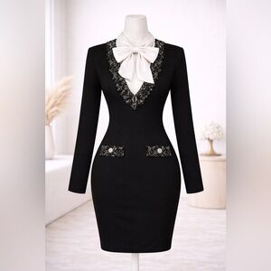 Venus Black Tweed Trim Bow Sheath Dress Small Below Knee